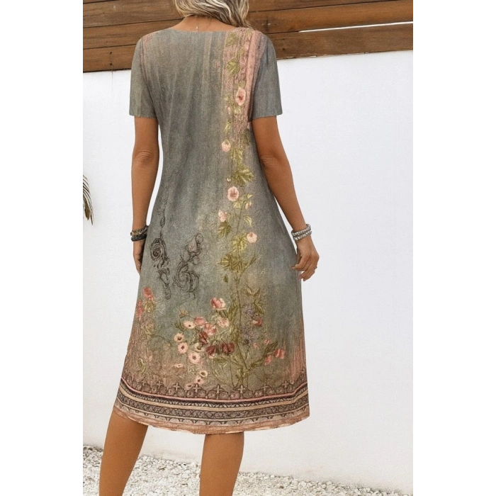 Kadın Kısa Kollu V Yakalı Desenli Süprem Elbise