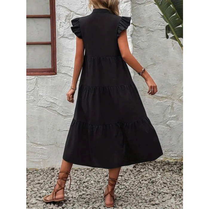 Kadın Kısa Kollu V Yakalı Geniş Kesim Uzun Trikoton Elbise