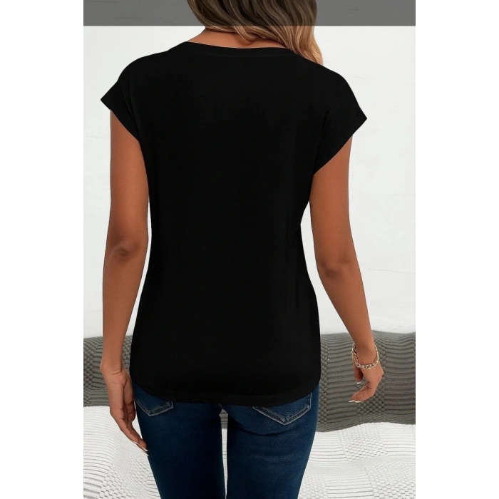 Kadın Kısa Kollu V Yakalı Kalp Desen Viskon Bluz