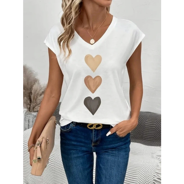 Kadın Kısa Kollu V Yakalı Kalp Desen Viskon Bluz