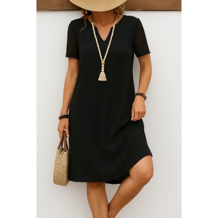 Kadın Kısa Kollu V Yakalı Kısa Janjan Krep Elbise