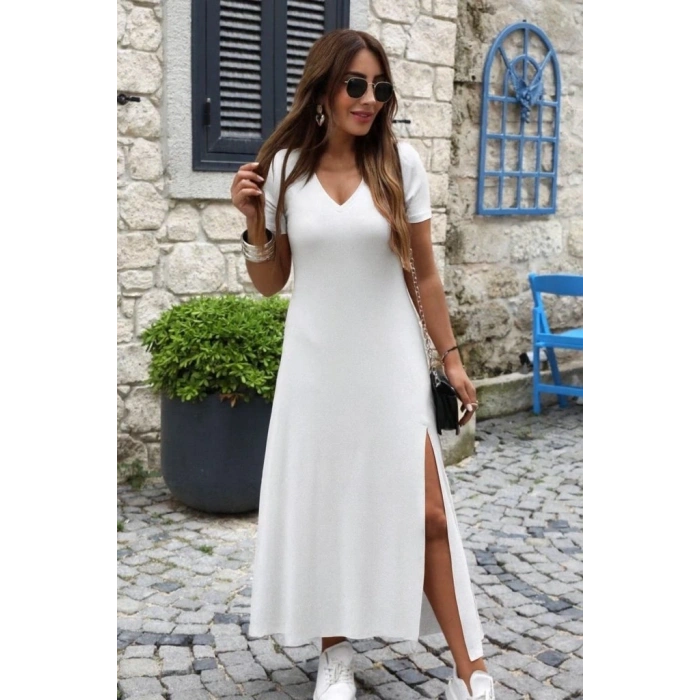 Kadın Kısa Kollu V Yakalı Maksi Boy Viskon Elbise