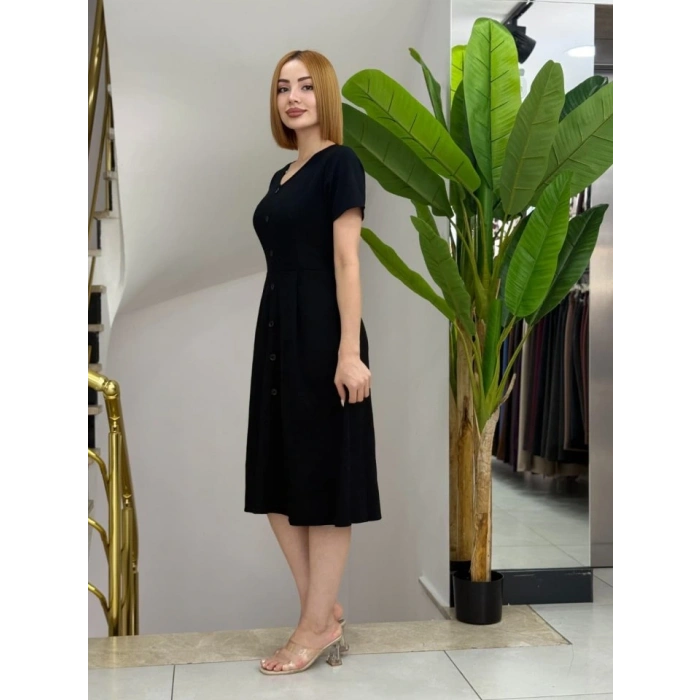 Kadın Kısa Kollu V Yakalı önden Düğmeli A Kesim Dokuma Elbise