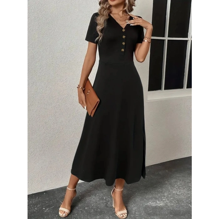 Kadın Kısa Kollu V Yakalı önden Düğmeli Yırtmaçlı Midi Viskon Elbise