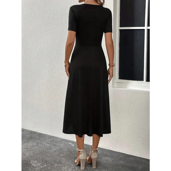 Kadın Kısa Kollu V Yakalı önden Düğmeli Yırtmaçlı Midi Viskon Elbise