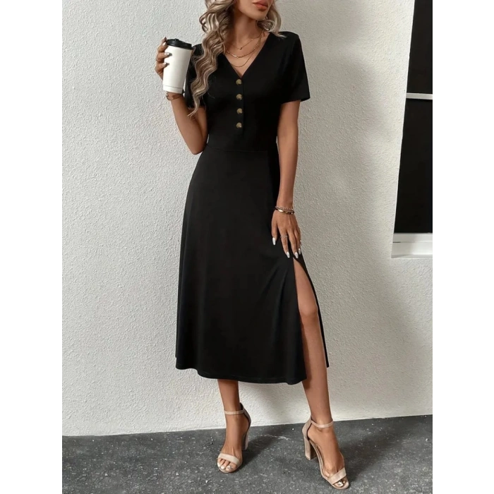 Kadın Kısa Kollu V Yakalı önden Düğmeli Yırtmaçlı Midi Viskon Elbise