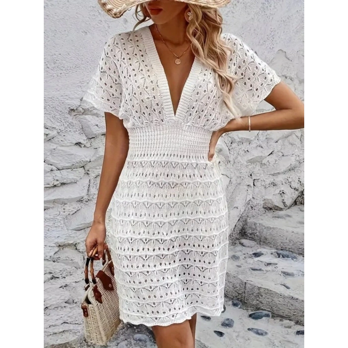 Kadın Kısa Kollu V Yakalı örme Triko Elbise