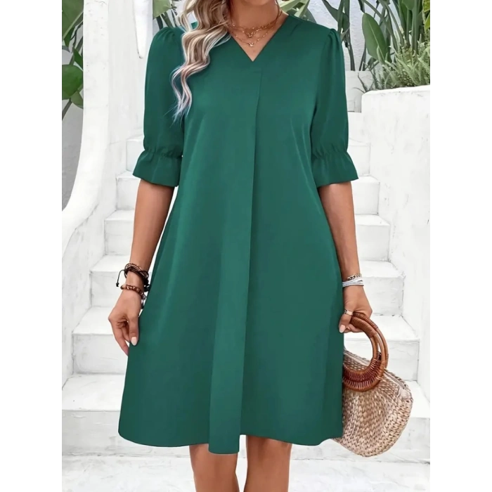 Kadın Kısa Kollu V Yakalı Salaş Janjan Krep Elbise