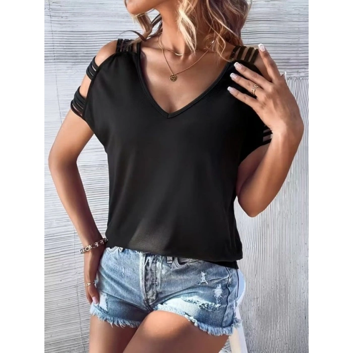 Kadın Kısa Kollu V Yakalı şerit Detaylı Viskon Bluz