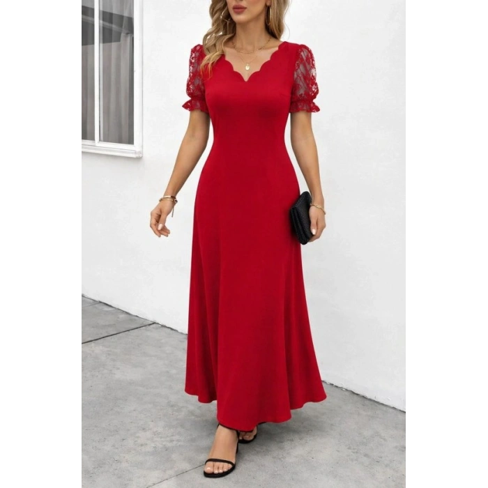 Kadın Kısa Kollu V Yakalı Uzun Janjan Elbise