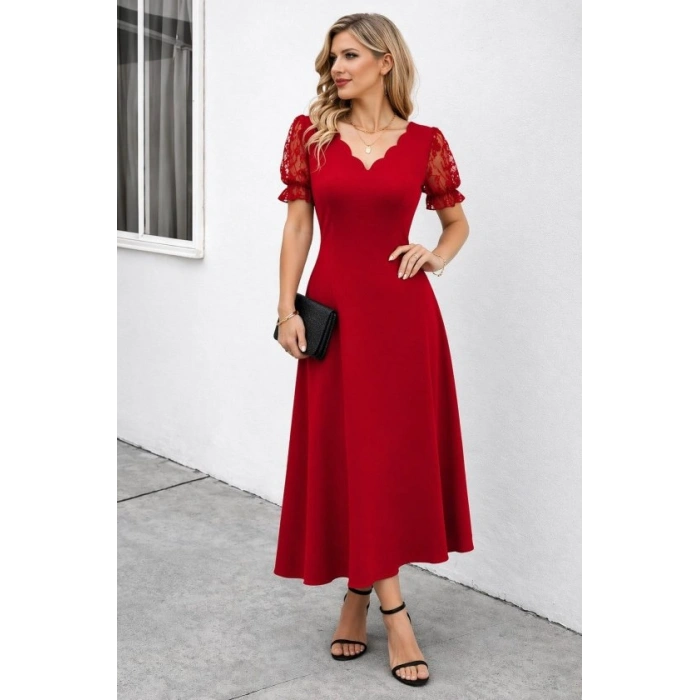Kadın Kısa Kollu V Yakalı Uzun Janjan Elbise