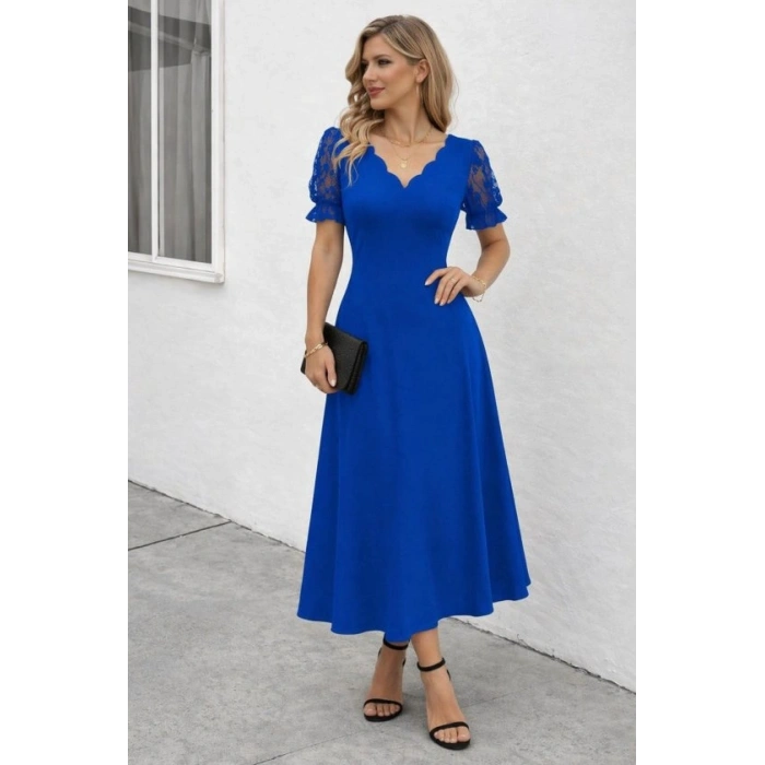 Kadın Kısa Kollu V Yakalı Uzun Janjan Elbise