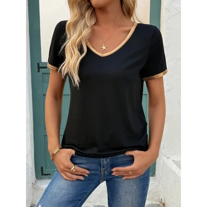 Kadın Kısa Kollu V Yakalı Viskon Bluz