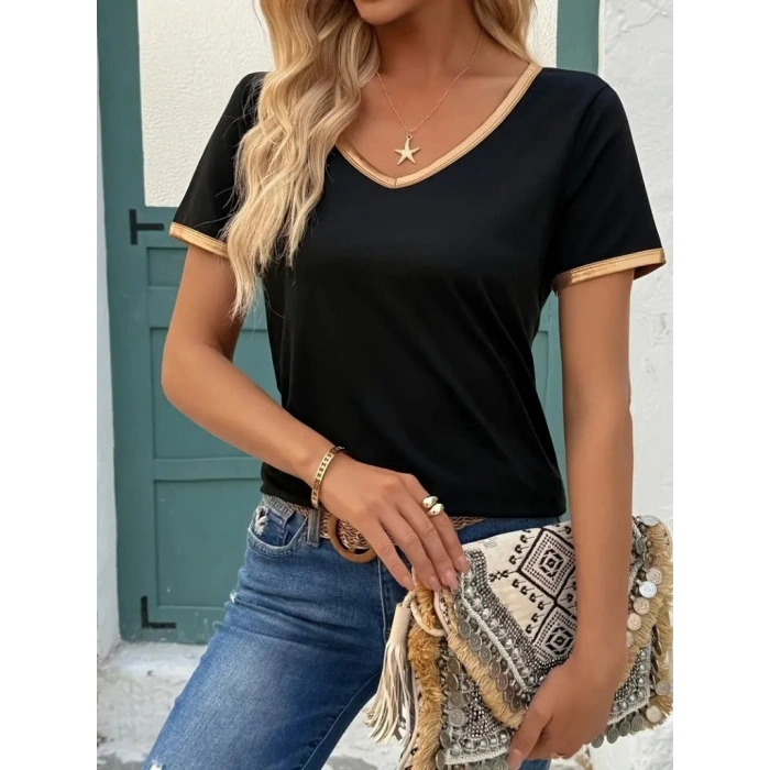 Kadın Kısa Kollu V Yakalı Viskon Bluz