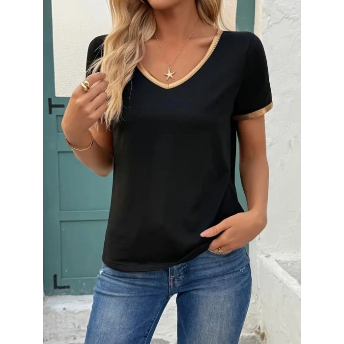 Kadın Kısa Kollu V Yakalı Viskon Bluz