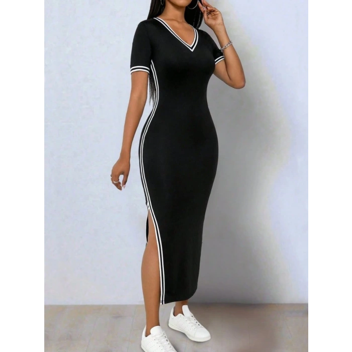 Kadın Kısa Kollu V Yakalı Yandan Yırtmaçlı Viskon Iki Iplik Elbise