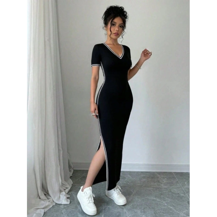 Kadın Kısa Kollu V Yakalı Yandan Yırtmaçlı Viskon Iki Iplik Elbise