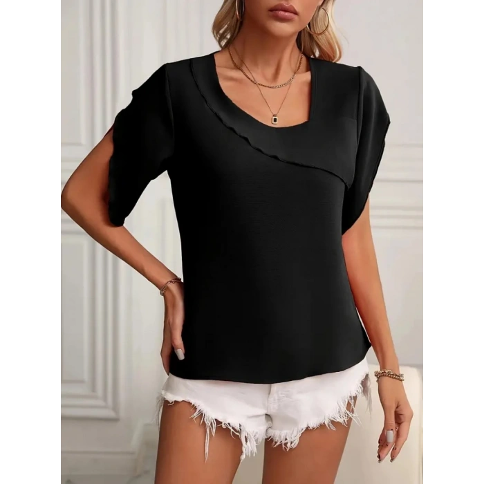 Kadın Kısa Kollu Yaka Ve Kol Detay Jesica Bluz