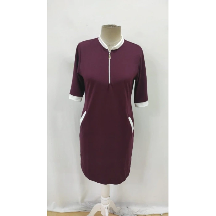 Kadın Kısa Kollu Yakadan Fermuarlı Cepli Yandan Yırtmaçlı Viskon Elbise