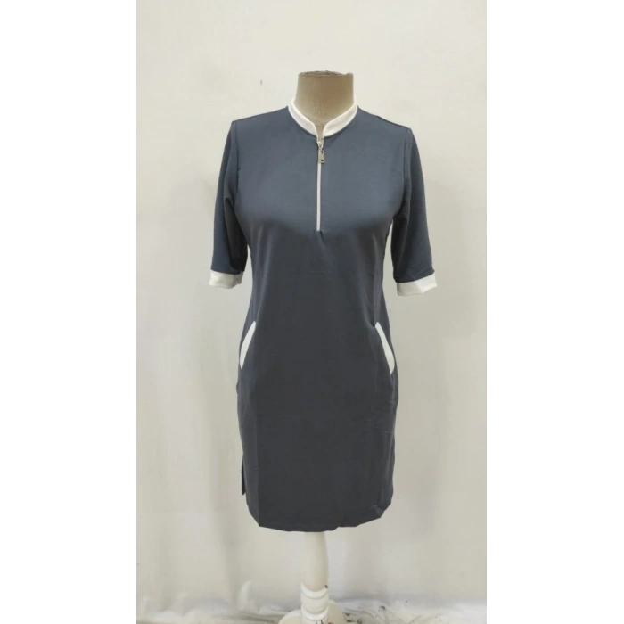 Kadın Kısa Kollu Yakadan Fermuarlı Cepli Yandan Yırtmaçlı Viskon Elbise