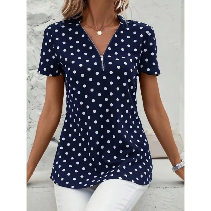 Kadın Kısa Kollu Yakadan Fermuarlı Puantiyeli Uzun Dokuma Viskon Bluz