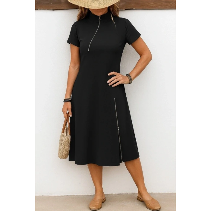 Kadın Kısa Kollu Yakadan Ve Etekten Fermuarlı Midi Viskon Iki Iplik Elbise