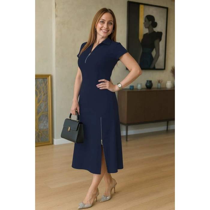 Kadın Kısa Kollu Yakadan Ve Etekten Fermuarlı Midi Viskon Iki Iplik Elbise