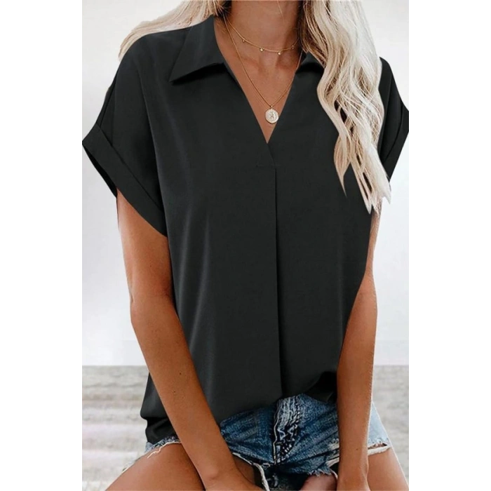 Kadın Kısa Kollu Yakalı Dokuma Viskon Bluz