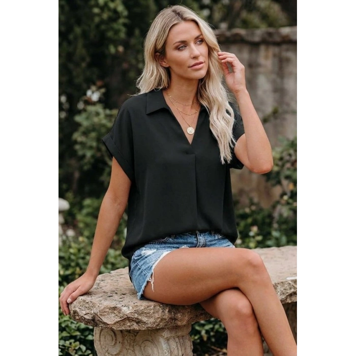 Kadın Kısa Kollu Yakalı Dokuma Viskon Bluz