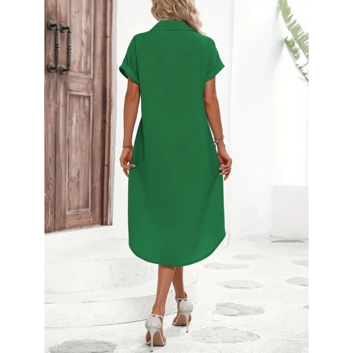 Kadın Kısa Kollu Yakalı Düğme Detay Midi Dokuma Elbise