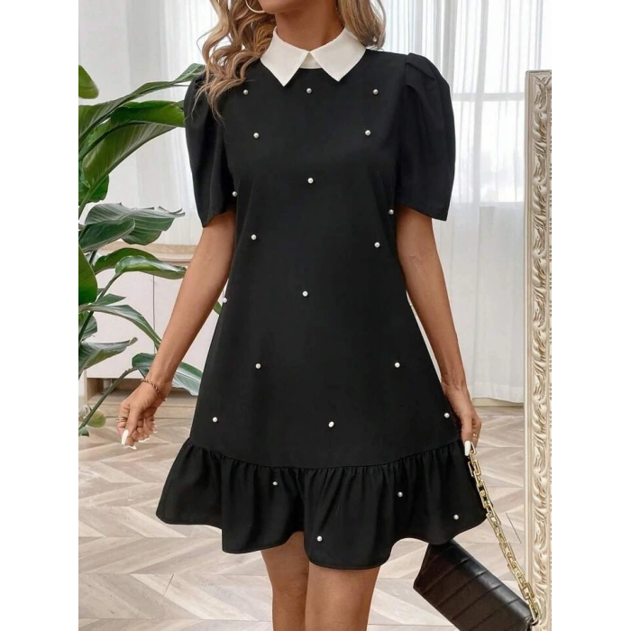 Kadın Kısa Kollu Yakalı Inci Detaylı Kısa Ithal Krep Elbise