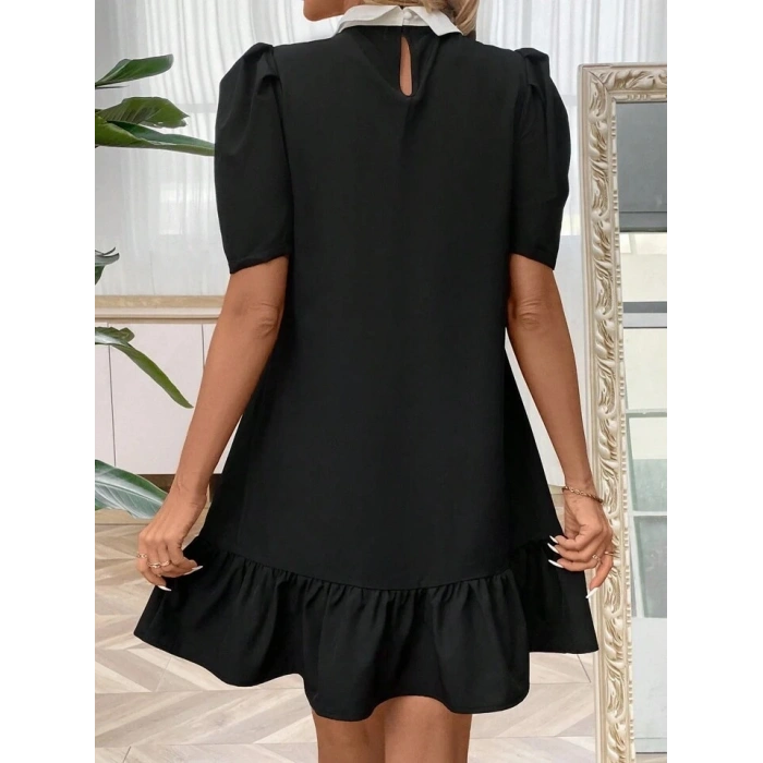 Kadın Kısa Kollu Yakalı Inci Detaylı Kısa Ithal Krep Elbise