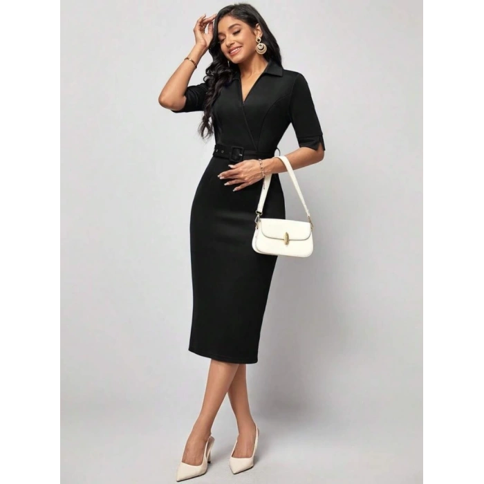 Kadın Kısa Kollu Yakalı Kruvaze Yakalı Beli Kemerli Midi Modal Elbise