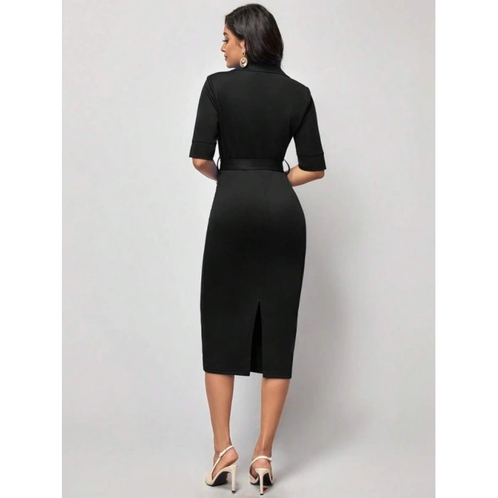 Kadın Kısa Kollu Yakalı Kruvaze Yakalı Beli Kemerli Midi Modal Elbise