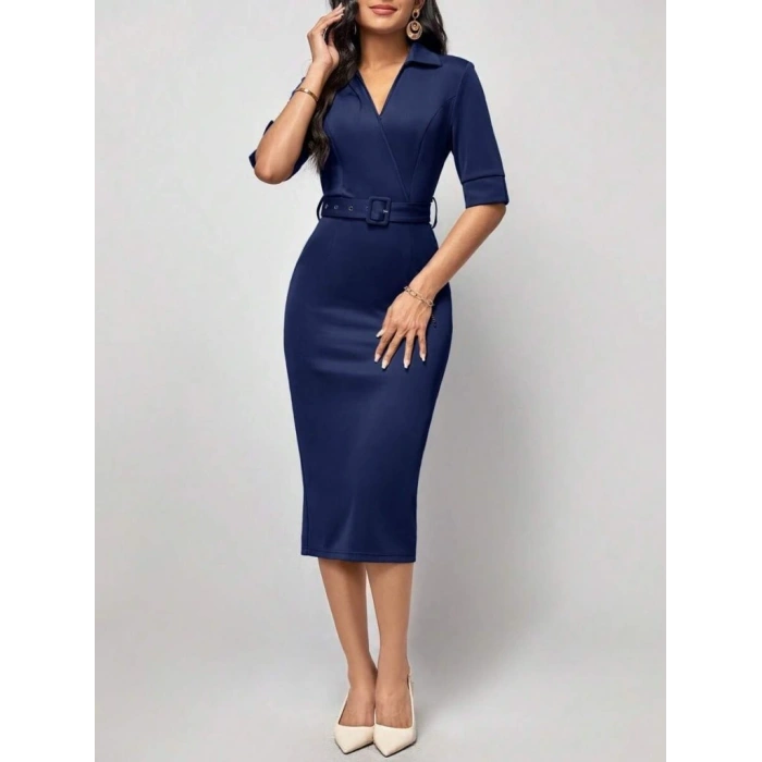 Kadın Kısa Kollu Yakalı Kruvaze Yakalı Beli Kemerli Midi Modal Elbise