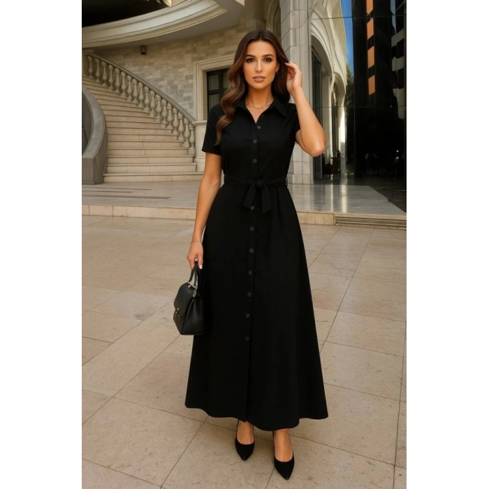 Kadın Kısa Kollu Yakalı önden Düğmeli Beli Kuşaklı Ithal Keten Elbise