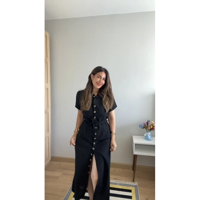 Kadın Kısa Kollu Yakalı önden Düğmeli Beli Kuşaklı Ithal Keten Elbise