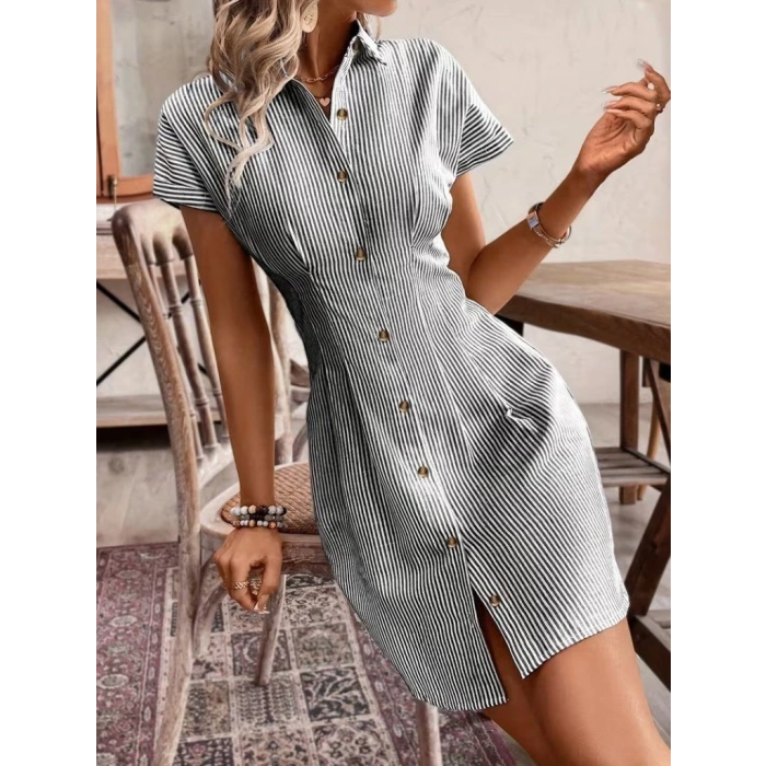 Kadın Kısa Kollu Yakalı önden Düğmeli Kısa Trikoton Elbise