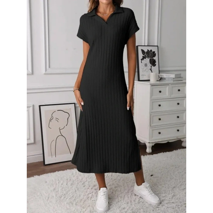 Kadın Kısa Kollu Yakalı Yandan Yırtmaçlı Kalın Fitilli Kaşkorse Elbise