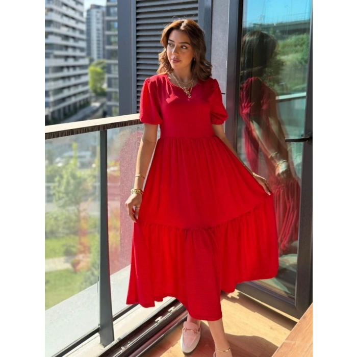 Kadın Kısa Kollu Yakası Açık Katlı Bürümcük Balon Elbise