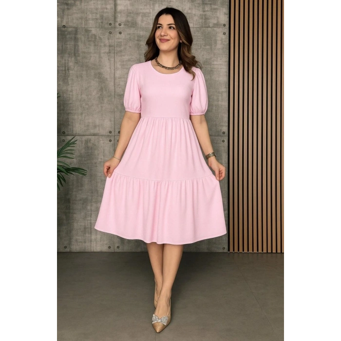 Kadın Kısa Kollu Yakası Açık Katlı Bürümcük Balon Elbise