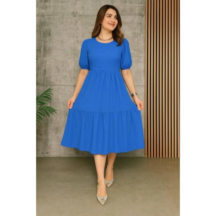 Kadın Kısa Kollu Yakası Açık Katlı Bürümcük Balon Elbise