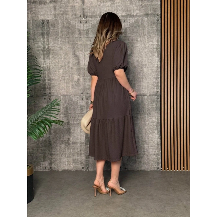 Kadın Kısa Kollu Yakası Açık Katlı Bürümcük Balon Elbise