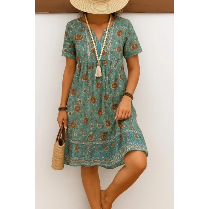 Kadın Kısa Kollu Yakası Bağcıklı önden Düğmeli Fırfır Desenli Süprem Elbise