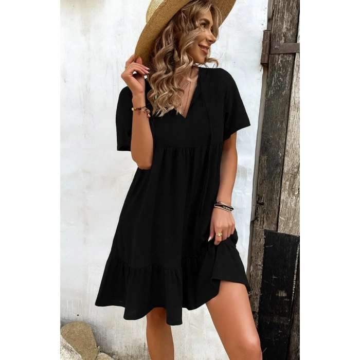 Kadın Kısa Kollu Yakası Bağcıklı önden Düğmeli Fırfır Desenli Süprem Elbise