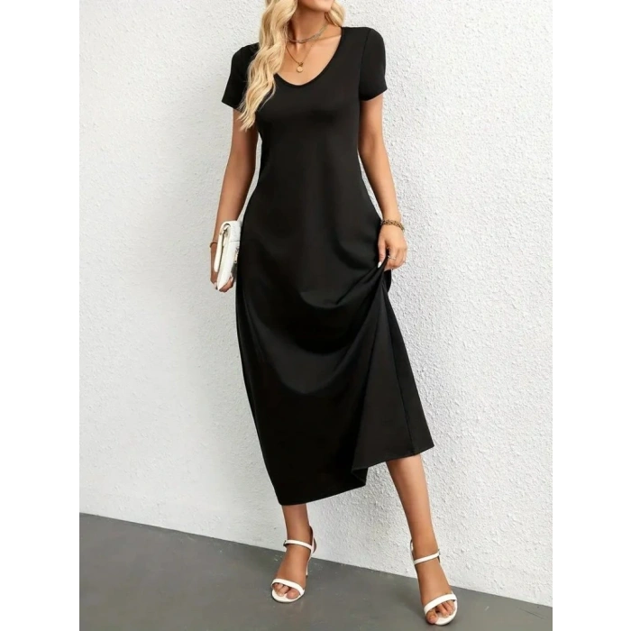 Kadın Kısa Kollu Yakası Yuvarlak Cepli Viskon Elbise
