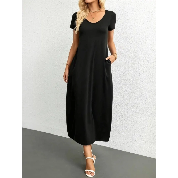 Kadın Kısa Kollu Yakası Yuvarlak Cepli Viskon Elbise
