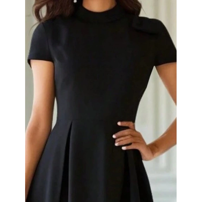 Kadın Kısa Kollu Yarı Balıkçı Yaka Pileli Janjan Krep Midi Elbise