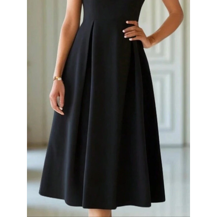 Kadın Kısa Kollu Yarı Balıkçı Yaka Pileli Janjan Krep Midi Elbise