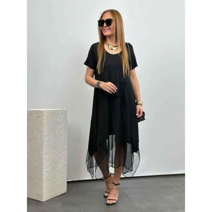 Kadın Kısa Kollu Yuvarlak Tüllü Asimetrik Detaylı Viskon Elbise